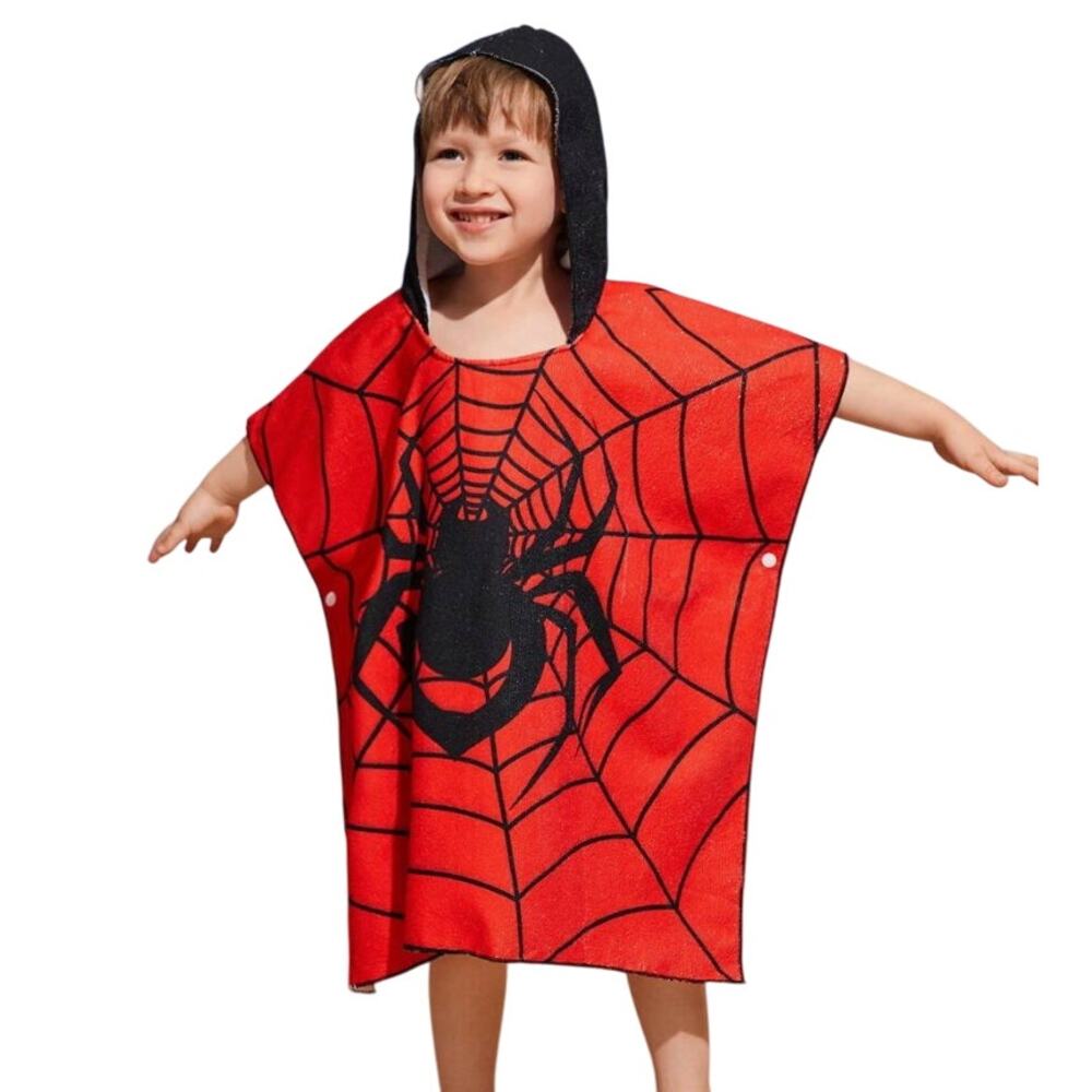 Boy Spider Printed Hooded Swim Cover-Up in Red, Size 5Y